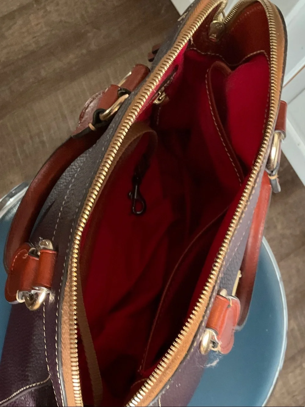 Dooney & Bourke Plum Leather Satchel with Brown Trim and Gold Hardware